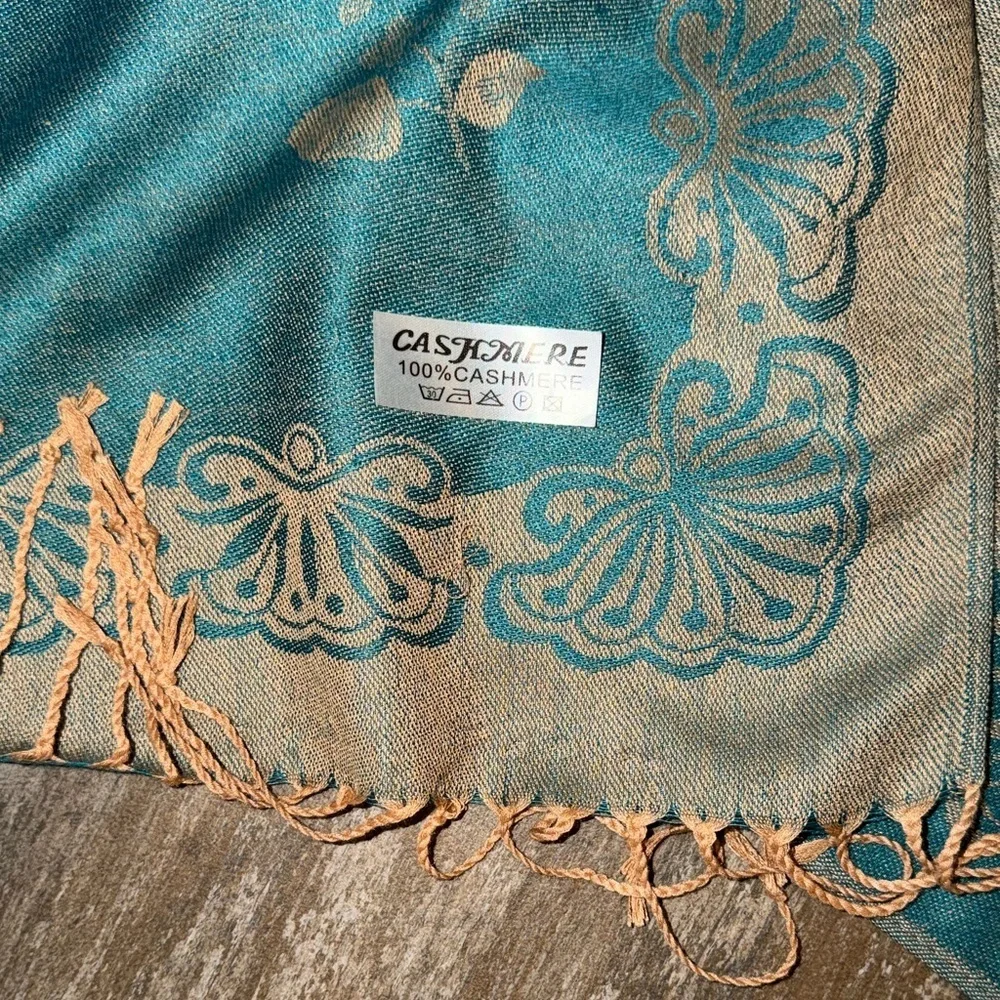 Cashmere Teal and Gold Floral Scarf with Fringe